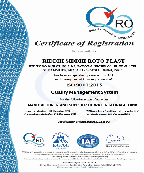 ISO 9001:2015 certified water tank manufacturer Neer Dhara certificates